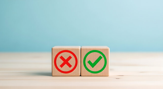 Decision Making Checkmark Cross Wooden Blocks Blue Background Copy Space - Powered by Adobe