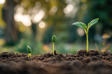Fototapeta premium Three stages of plant growth from seed to sprout, symbolizing progress and development in nature.