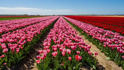 Vast field of vibrant pink tulips stretching to the horizon under a clear blue sky