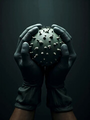 Hands holding a virus model concept under dramatic lighting