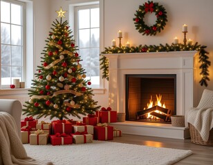 Cozy Christmas living room interior with decorated tree, glowing fireplace, and wrapped presents.