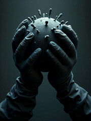 Hands holding a virus model concept under dramatic lighting