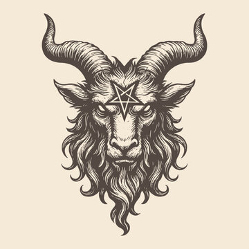 Intricate vintage hand-drawn Baphomet goat head in detailed black and white engraving style, ideal for gothic art, tattoo, or dark fantasy design.