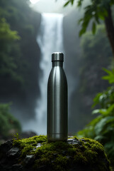 Reusable metal water bottle on mossy rock with majestic waterfall in lush green forest clean fresh hydration sustainable living nature's beauty eco-friendly adventure.