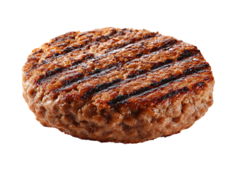 A single grilled burger patty with visible grill marks on  a isolated on transparent background