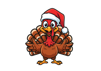 Cartoon turkey wearing a Santa hat, with a cheerful expression and outstretched wings, isolated on a white background.
