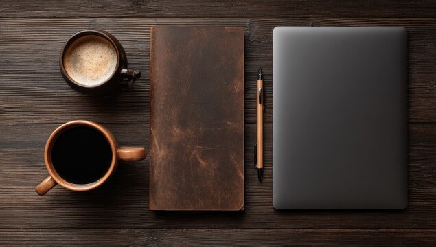 A top-down view of a modern workspace with a laptop, leather journal, pen, and two cups of coffee on a dark wooden desk.