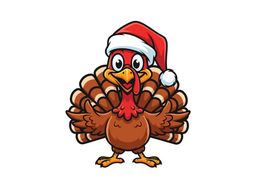 Cartoon turkey wearing a Santa hat, with a cheerful expression and outstretched wings, isolated on a white background.