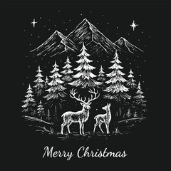 Charming hand-drawn Christmas forest scene with deer, pine trees, and mountains, perfect for greeting cards or winter prints.