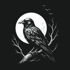 Hand-drawn raven perched on branch under moonlight, detailed black and white vector for gothic prints or tattoo designs.