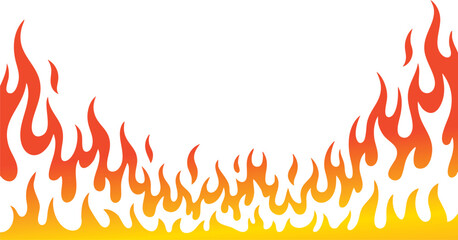 Flame and fire border background. Hot burning frame with orange and red flames on bright gradient backdrop. Modern heat effect vector illustration for poster, banner, or decoration design