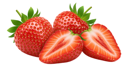 Delicious and fresh strawberries two whole and one sliced on black background