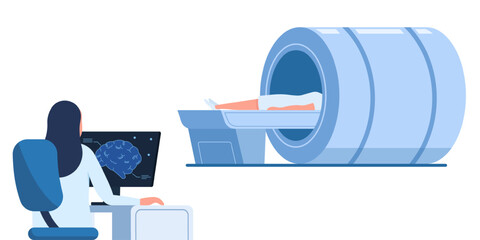 MRI Scan vector illustration. Doctor with computer and patient laying in MRI scanner machine.