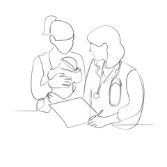 One continuous line drawing on white isolated background. Minimalism linear illustration. children, mother, doctor, appointment, health, paediatrician, health care, person, girl, hospital