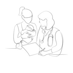 One continuous line drawing on white isolated background. Minimalism linear illustration. children, mother, doctor, appointment, health, paediatrician, health care, person, girl, hospital