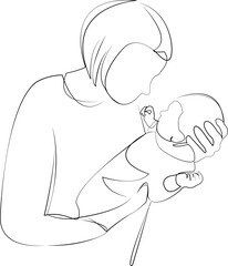 One continuous line drawing on white isolated background. Minimalism linear illustration. children, mother, baby, woman, eltern, infant, love, little, small, home