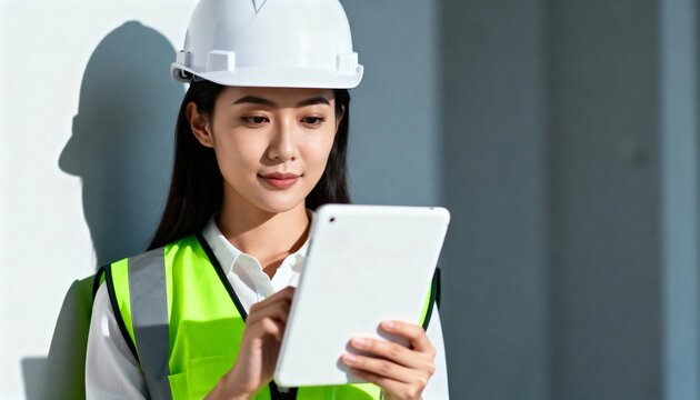 Female engineer in a hard hat using a tablet at a construction site. Professional Asian woman in a safety vest managing a project. Industrial technology and development concept - Powered by Adobe
