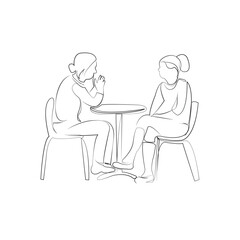 One continuous line drawing on white isolated background. Minimalism linear illustration. woman, person, cafes, talking, female, sitting, hot drink, lifestyle, table, smiling