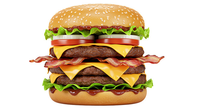 Mouthwatering triple bacon cheeseburger on a sesame seed bun isolated