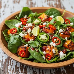 Spicy Butternut Squash Salad with Spinach, Jalapenos, and Feta.