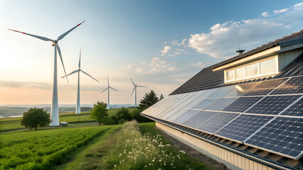 Solar panels and wind turbines producing clean renewable energy technology innovation for green future
