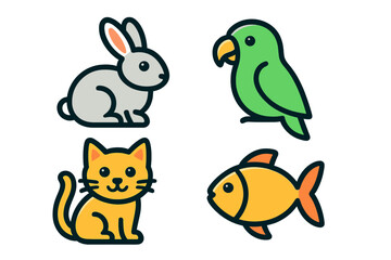 Cute cartoon animals including a rabbit, parrot, cat, and fish in bright colors and simple designs