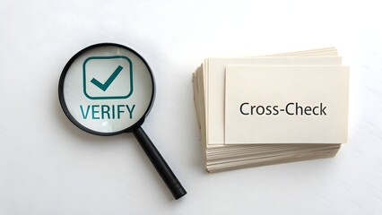 Magnifying glass verifying paper stack with CrossCheck label