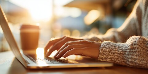 Freelancer working on laptop in a cozy café with warm morning sunlight. Coffee cup and pastry on the table. Productive and peaceful atmosphere ideal for remote work or creative writing.