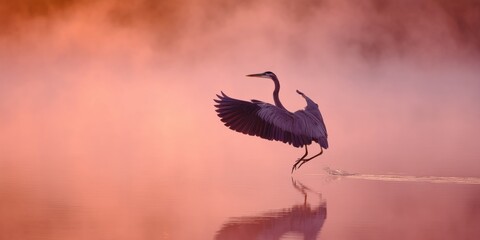 Graceful heron landing on calm river at sunrise with soft morning mist and reflections. Peaceful natural landscape with pastel tones and serene wildlife moment captured at dawn.