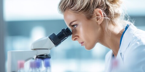 Close-up of a medical researcher in mask and cap examining samples through a microscope in a laboratory setting. Focused expression, scientific environment, research and diagnostics concept.