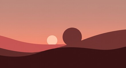Minimalist landscape with two suns and rolling hills at sunset time
