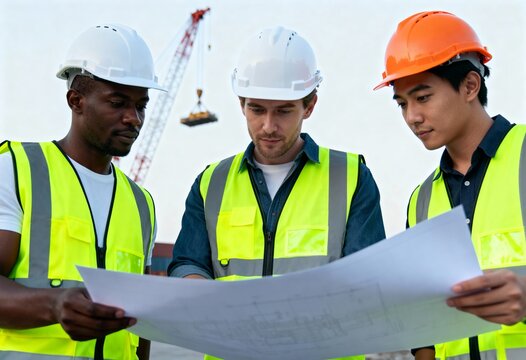 A diverse team of male engineers and construction workers review a blueprint at an industrial site. Professional collaboration and project planning concept. Teamwork in the building industry
