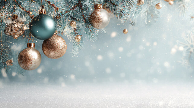 Elegant Christmas Ornaments Hanging from Snowy Tree Branches