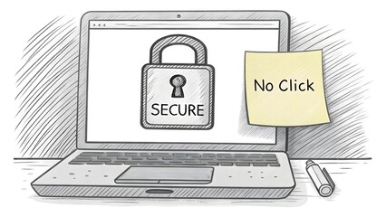 Laptop Sketch Featuring Secure Lock Icon and Note Reminder
