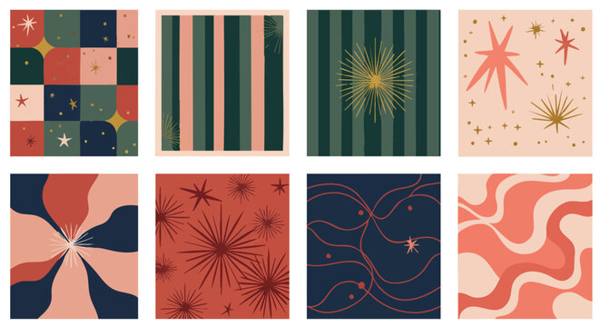 Eight abstract patterns with retro and mid-century modern styles, featuring celestial, organic, and geometric motifs in a warm, vintage color palette.