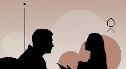 Silhouettes of man and woman facing each other with graphic elements