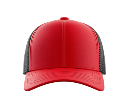 Isolated red trucker hat with black mesh on a plain transparent background