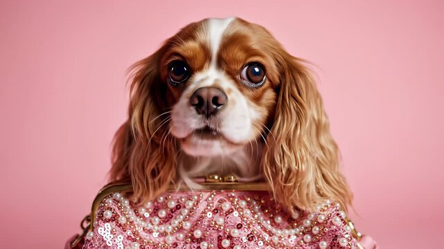 A delightful canine with luscious locks sits elegantly in a pink purse on a matching pink background, capturing the concept of sweet indulgence, evoking feelings of whimsy and delight.