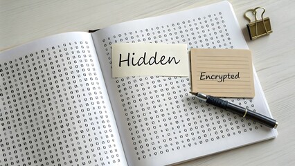 Flat lay of open notebook with binary code and hidden encryption