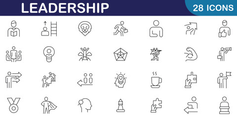 Leadership editable outline icon set symbol collection. Set of leadership icon as vision, motivation, influence, teamwork, management, success, leader, delegation, control and more.