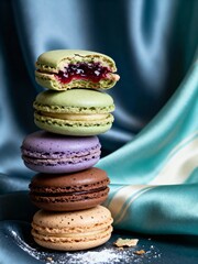 Delicious French Macarons with Jam Filling | Colorful Dessert Pastry Stack | Gourmet Bakery Treats for Sweet Lovers and Food Photography