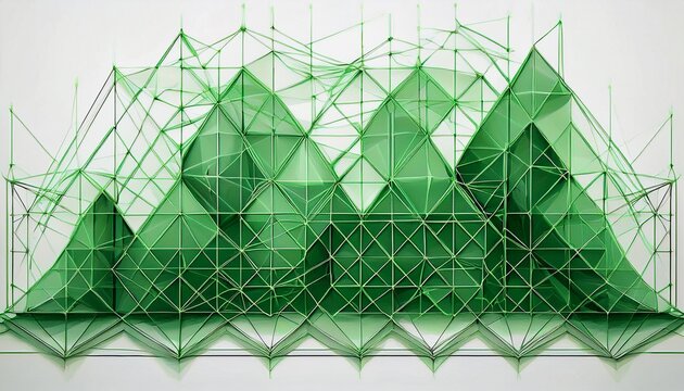 repeating pattern of intricate green geometric wireframe structures on a white background