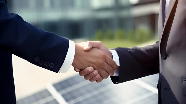 A closeup shot of two individuals shaking hands in front of a modern building. The person on the left is dressed in a navy blue suit with a white shirt and black buttons.
