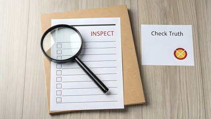 Magnifying glass inspecting a document on a wooden surface