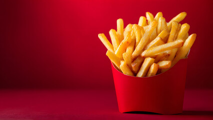 A serving of golden, crispy French fries in a red cardboard container, placed against a coordinating red background. The vivid color palette highlights the fries’ crunchy texture and warm, appetizing 