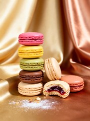 Delicious French Macarons with Jam Filling | Colorful Dessert Pastry Stack | Gourmet Bakery Treats for Sweet Lovers and Food Photography