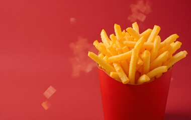 A portion of crispy, golden French fries served in a red cardboard container, set against a matching red background. The bold color scheme accentuates the fries’ tempting texture and inviting warmth.