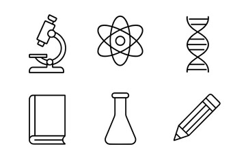 Science tools and symbols illustrating core concepts in biology and chemistry in a simple graphic design