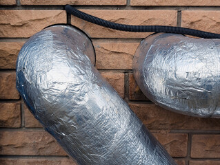 aluminum foil insulated pipe ducts on brick wall close up