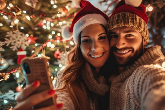 Cheerful couple capturing christmas selfie celebrating holidays together